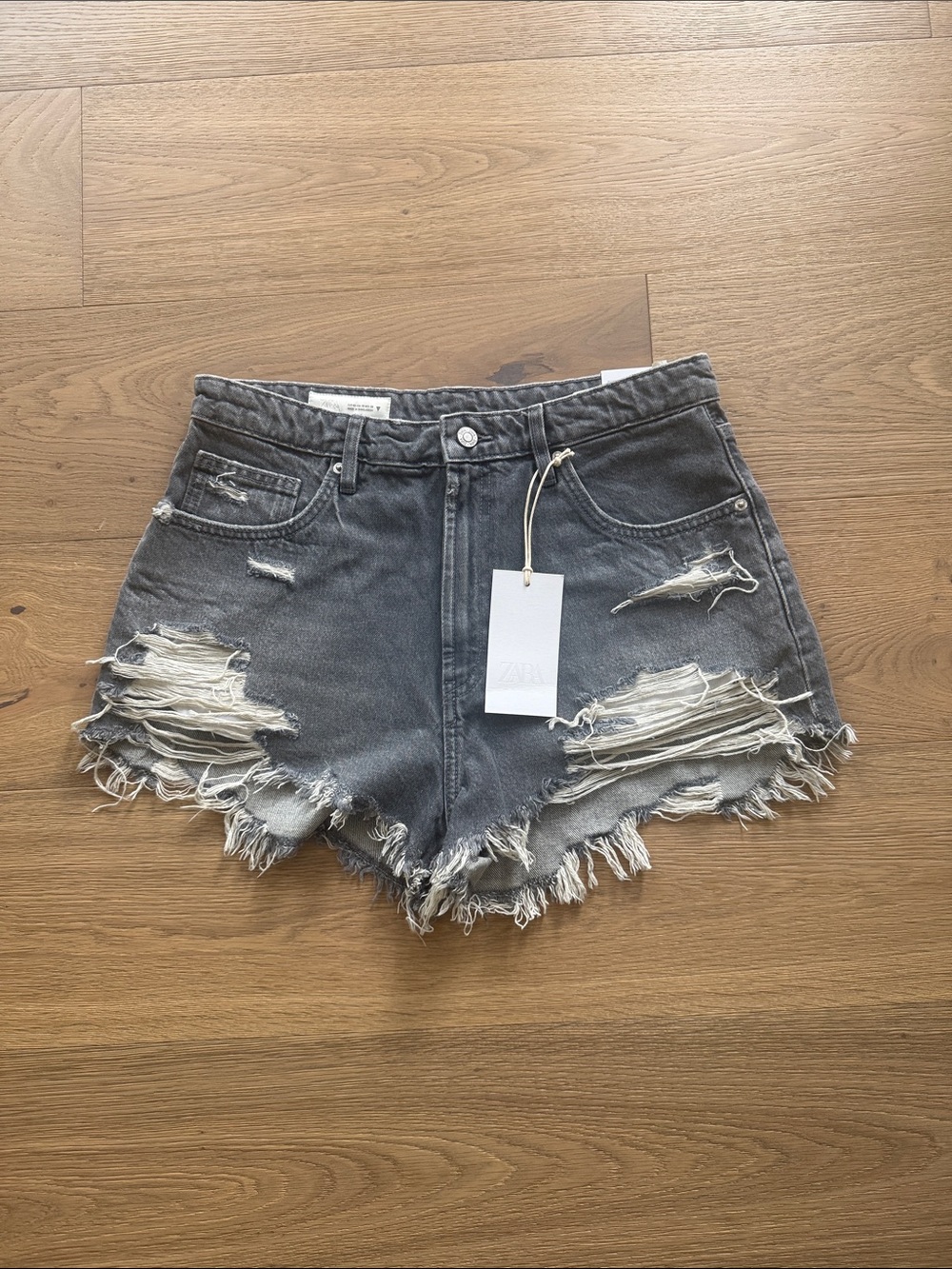 Zara Distressed Washed Black High-Rise Denim Shorts